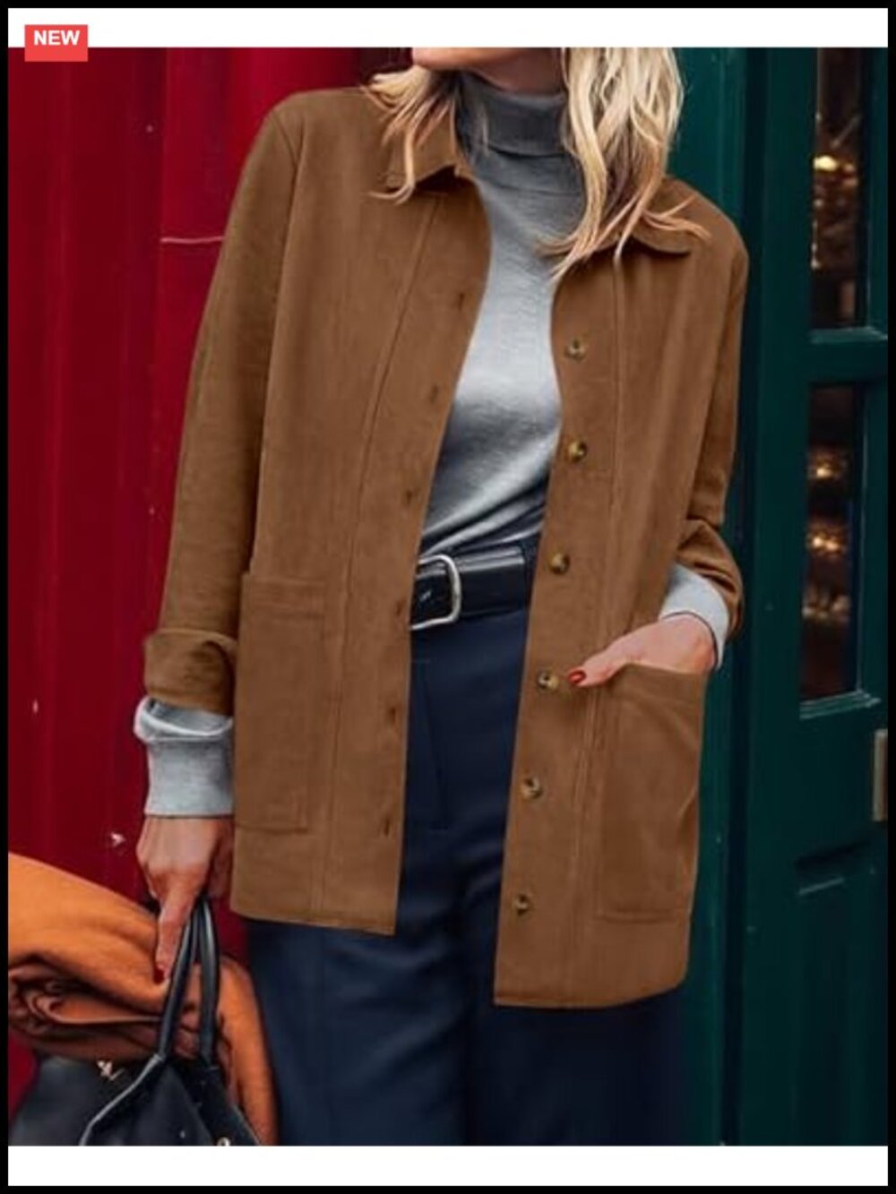 Faux Suede Jacket Women Button Down Long Sleeve Fall Winter Coat - Picture 5 of 6
